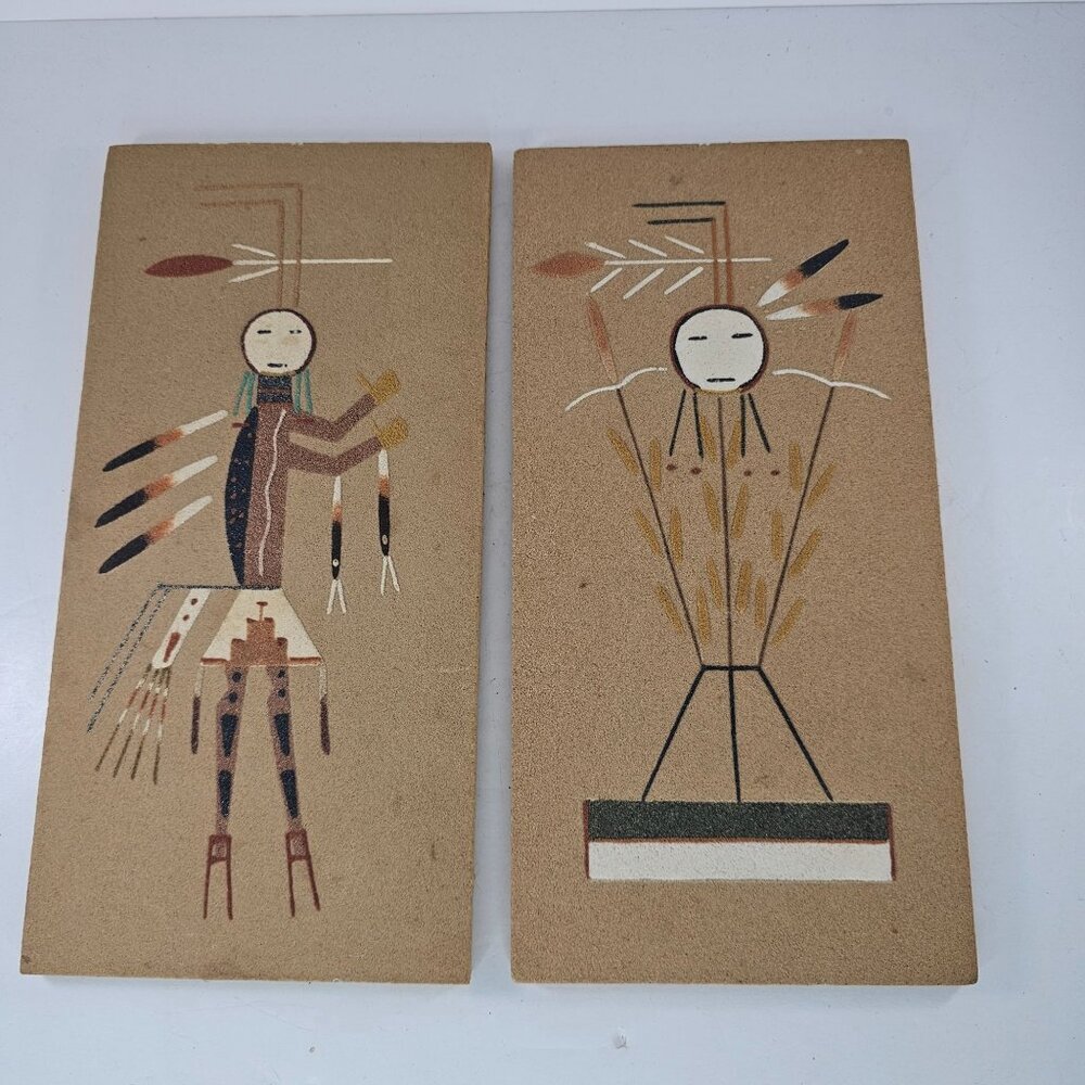 Hump Backed Yei Sand Art Panels Native American Decor Signed Set of 2